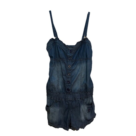 Denim Romper Spaghetti Straps Pleated Ruffles Buttons Pockets Size Small Noble - Picture 1 of 7